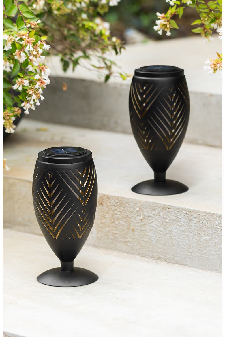 Set of 2 Metal Cutout Stripe Pattern Solar Powered Outdoor Lantern with LED Light, Alternate, color, Black