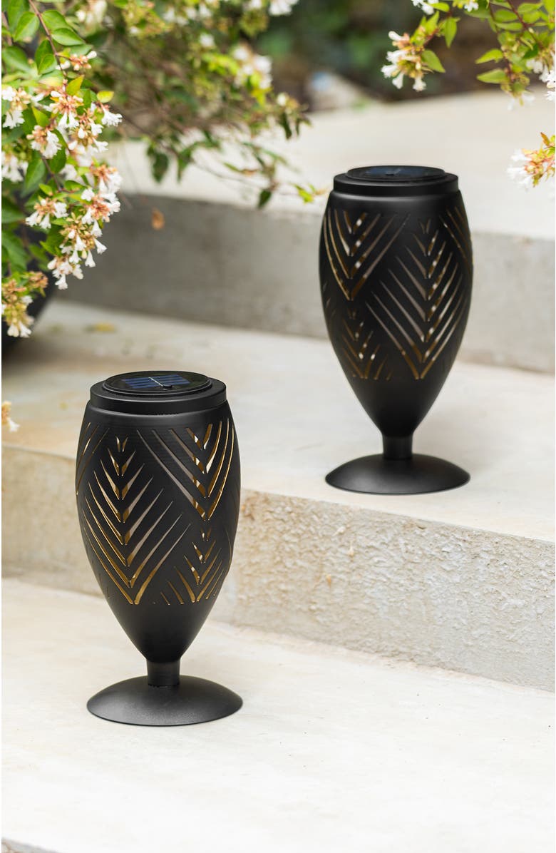 Glitzhome Set of 2 Metal Cutout Stripe Pattern Solar Powered Outdoor Lantern with LED Light, Alternate, color, Black