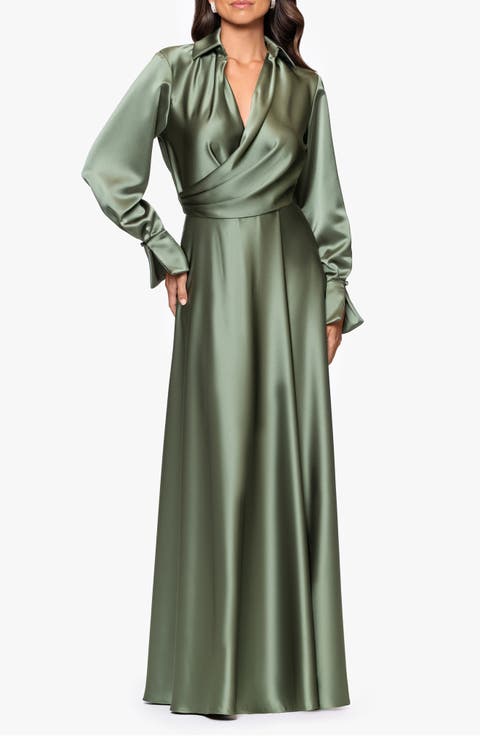 Spread Collar Long Sleeve Satin Gown