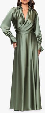 Xscape Evenings Spread Collar Long Sleeve Satin Gown