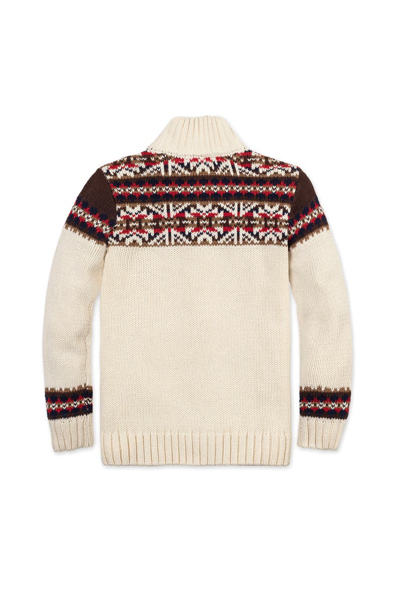 Kids' Organic Long Sleeve Full Zip Mock Neck Intarsia Sweater, Alternate, color, Ivory Fireside Geo