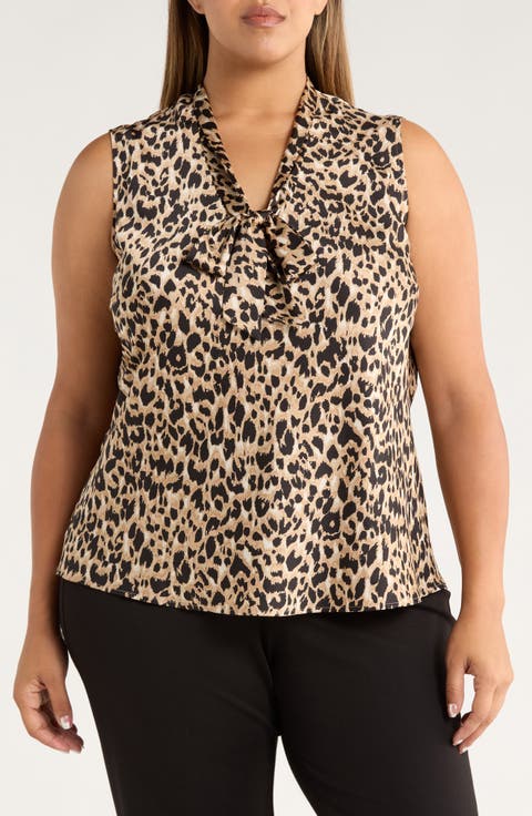 Print Tie Neck Sleeveless Top (Plus)