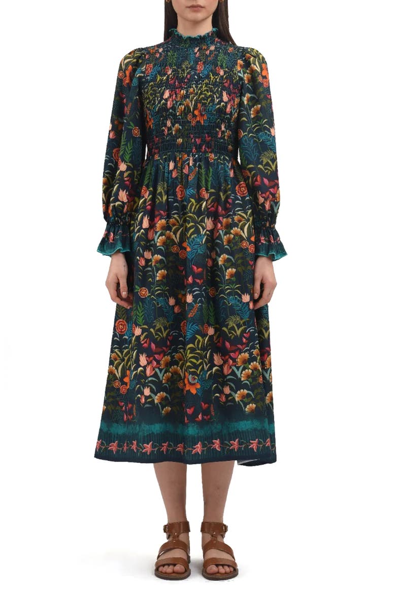 Aurnia Floral Long Sleeve Midi Dress, Main, color, NAVY/ TEAL/ ORANGE MULTI