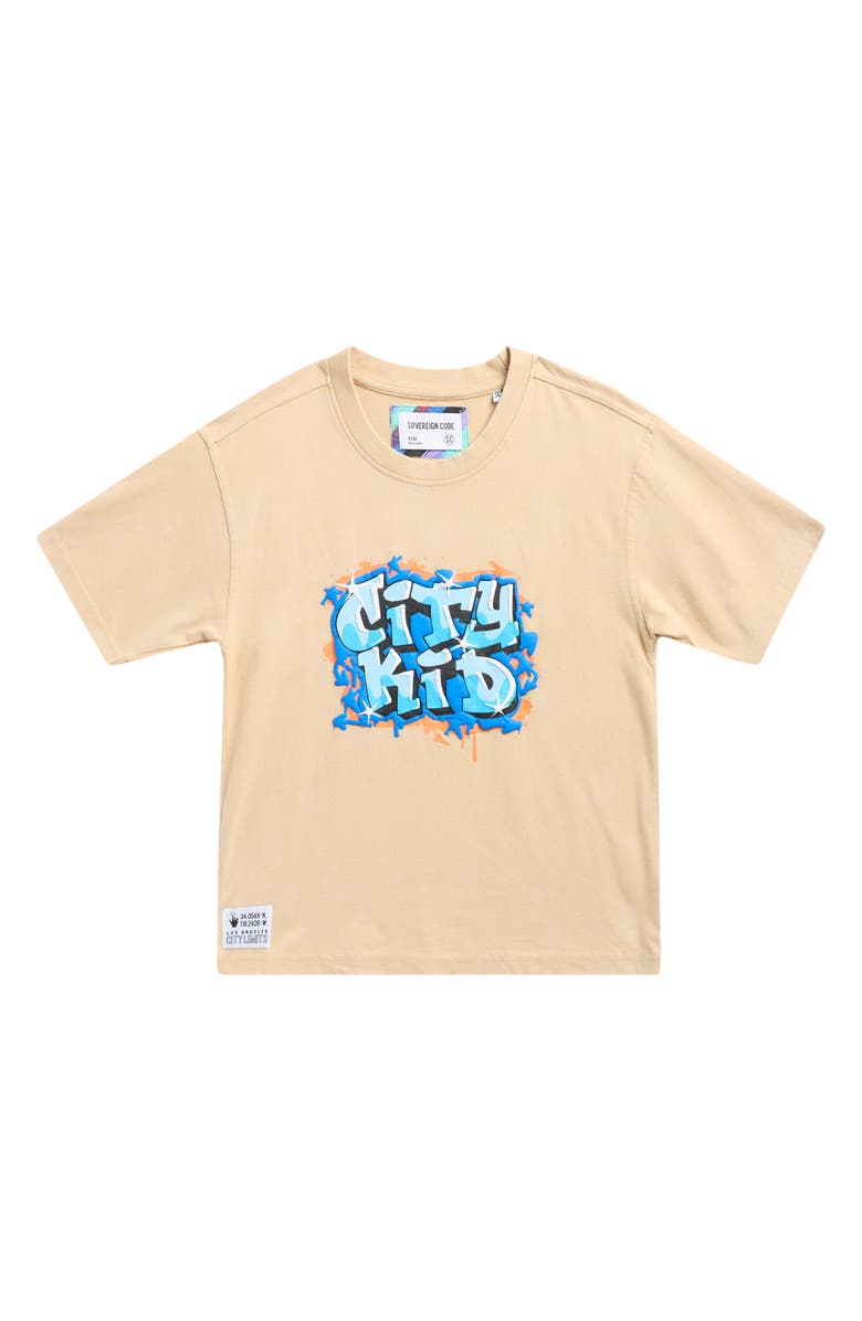 Sovereign Code Kids' Simon Graffiti Graphic T-Shirt, Main, color, Irish Cream/ City Ki