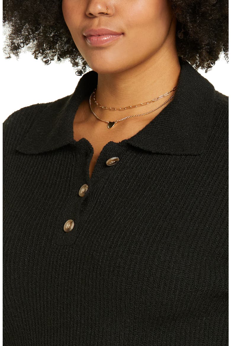 Rib Long Sleeve Polo Sweater, Alternate, color, BLACK