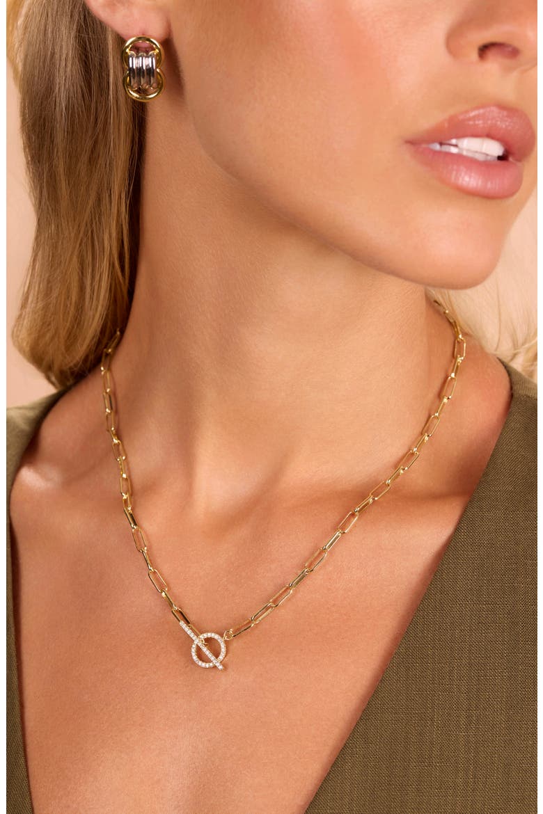 Pavé Paper Clip Chain Toggle Necklace, Alternate, color, GOLD