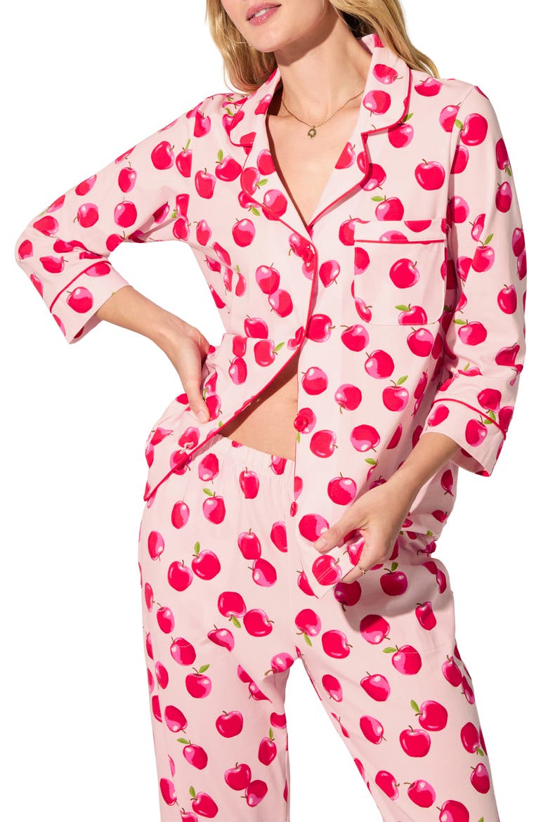 Print Long Sleeve Stretch Organic Cotton Jersey Crop Pajamas, Alternate, color, AN APPLE A DAY