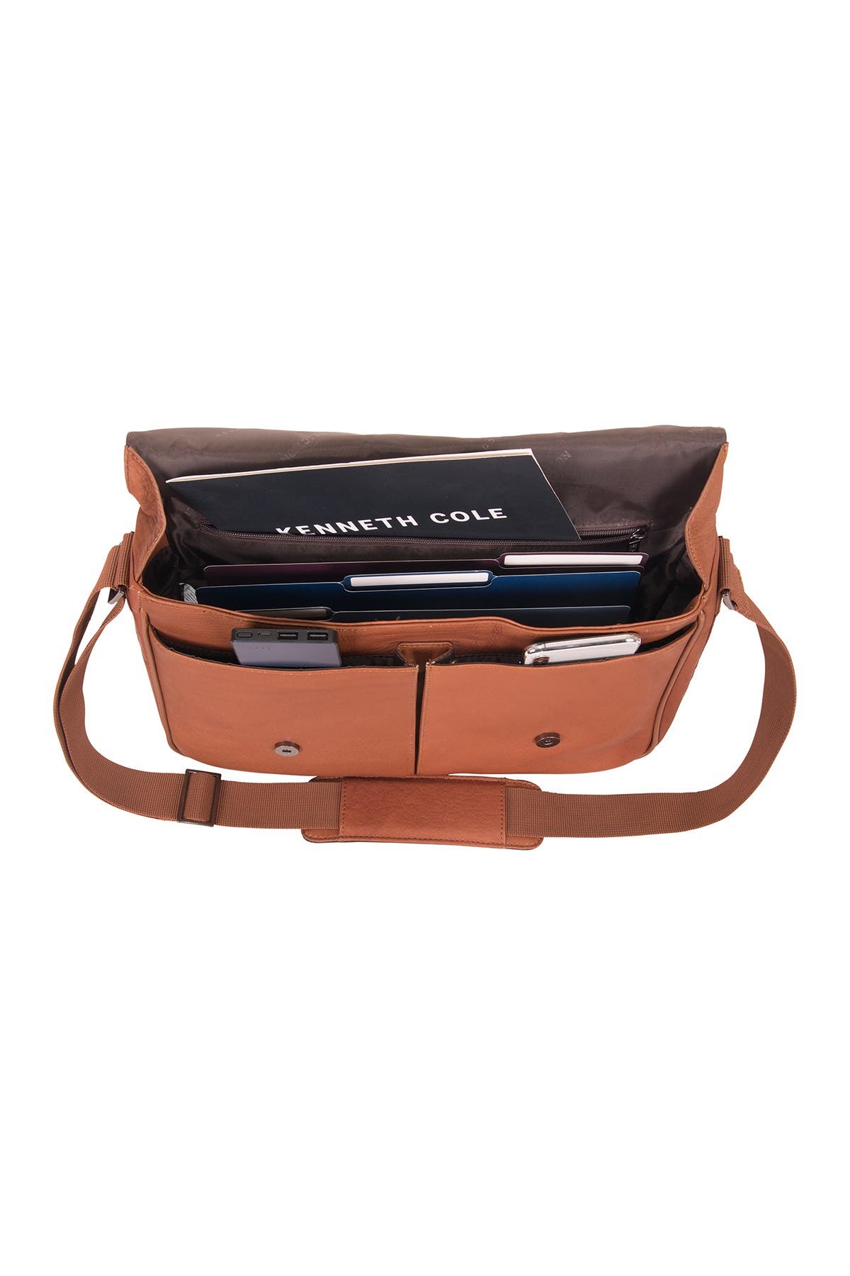 Kenneth Cole Colombian Leather Crossbody Laptop Case & Tablet Messenger Bag, Alternate, color, Cognac