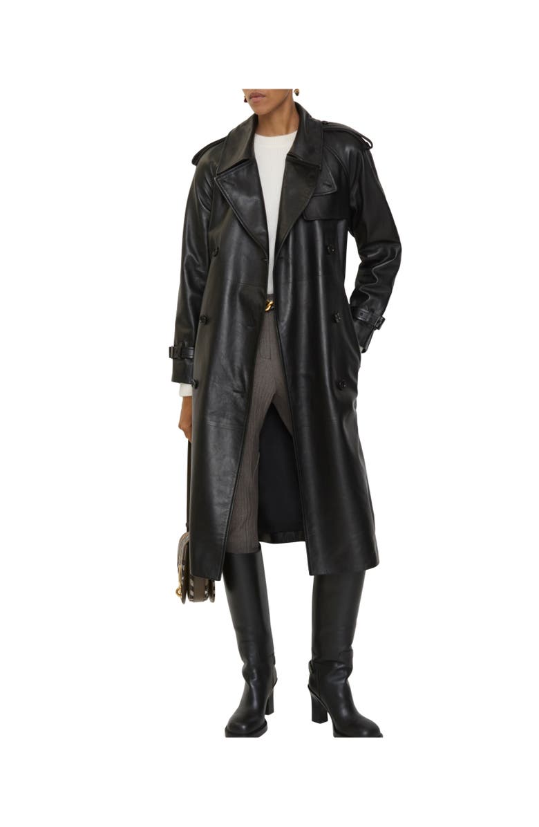 Burberry Long Leather Castleford Trench Coat, Alternate, color, Black