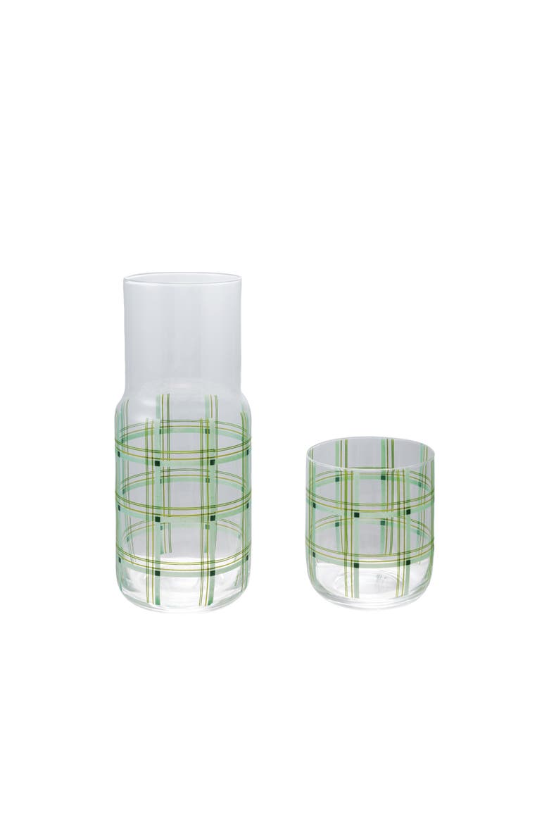 Glass Carafe with Drinking Glass and Grid Pattern, Green, Main, color, Green