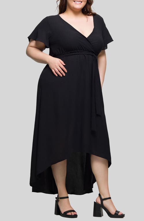 24seven Comfort Apparel Plus Size V-neck Belted Faux Wrap High Low Dress In Black