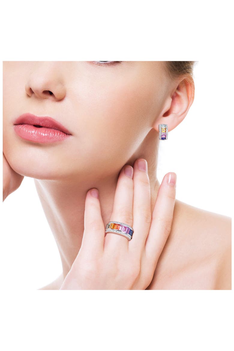 Sterling Silver Multicolor Sapphire Half Huggie Hoop Earrings & Ring Set, Alternate, color, MULTICOLOR