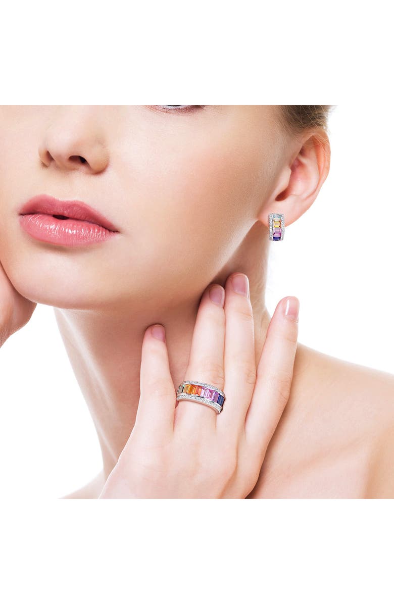 DELMAR Sterling Silver Multicolor Sapphire Half Huggie Hoop Earrings & Ring Set, Alternate, color, 