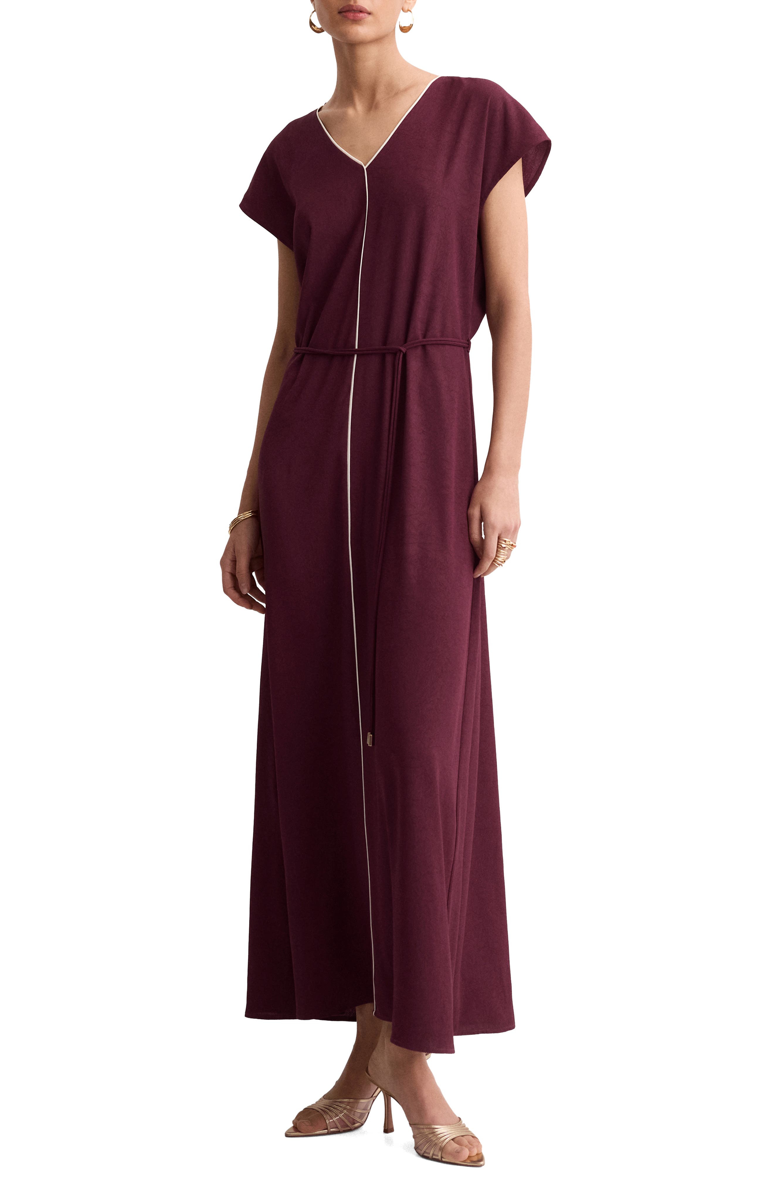 Contrast Piping Belted Midi Dress - image 3
