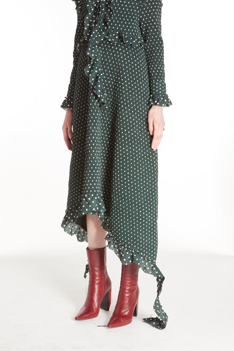 High Neck Frilled Polka Dot Dress, Alternate, color, GREEN