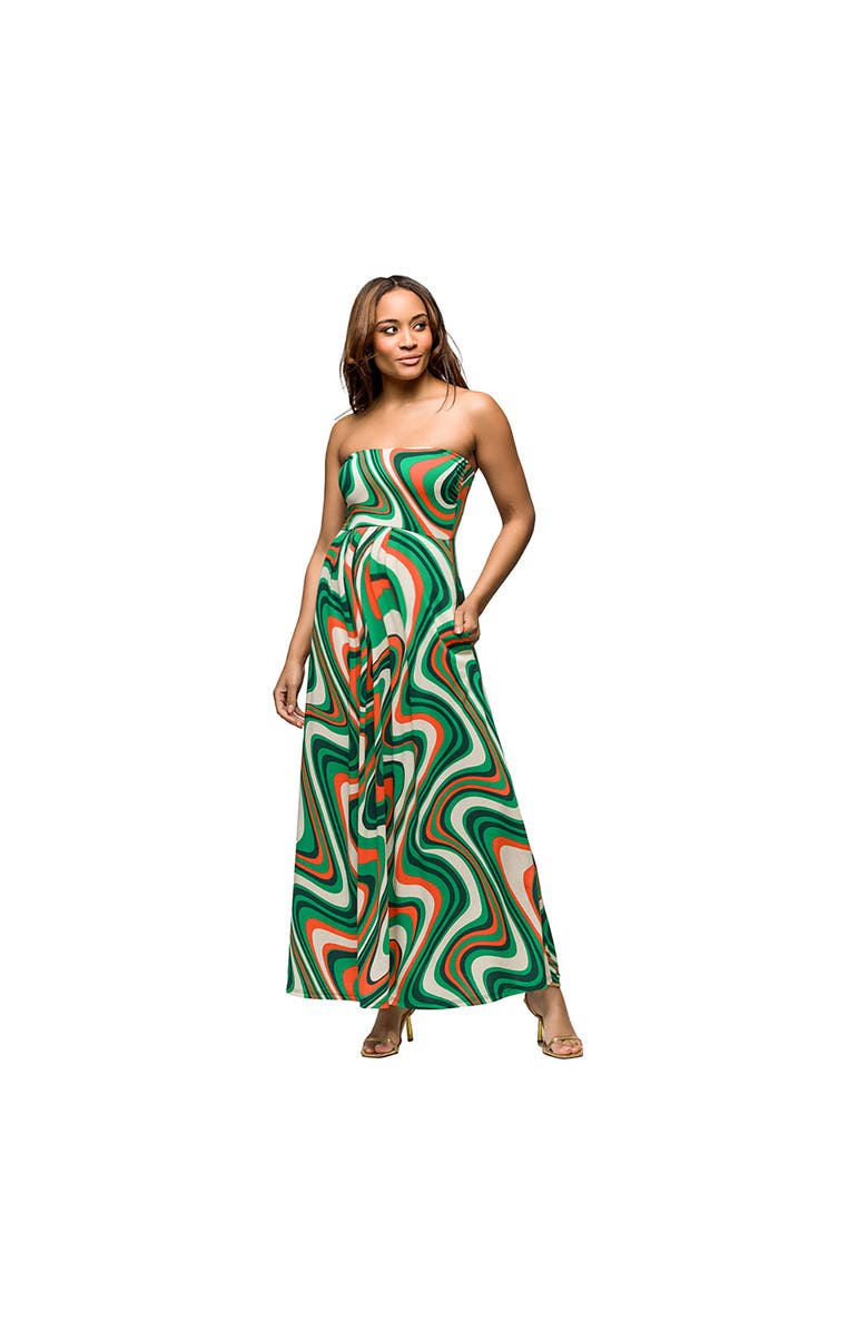 24seven Comfort Apparel Maternity Green Print A-Line Strapless Maxi Dress With Pockets, Main, color, 