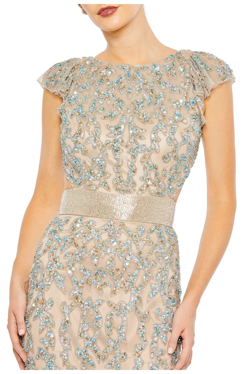 Mac Duggal Hand-Embellished Gown with Illusion Neckline, Beaded Cummerbund & Lace-Up Back, Alternate, color, Beige Multi