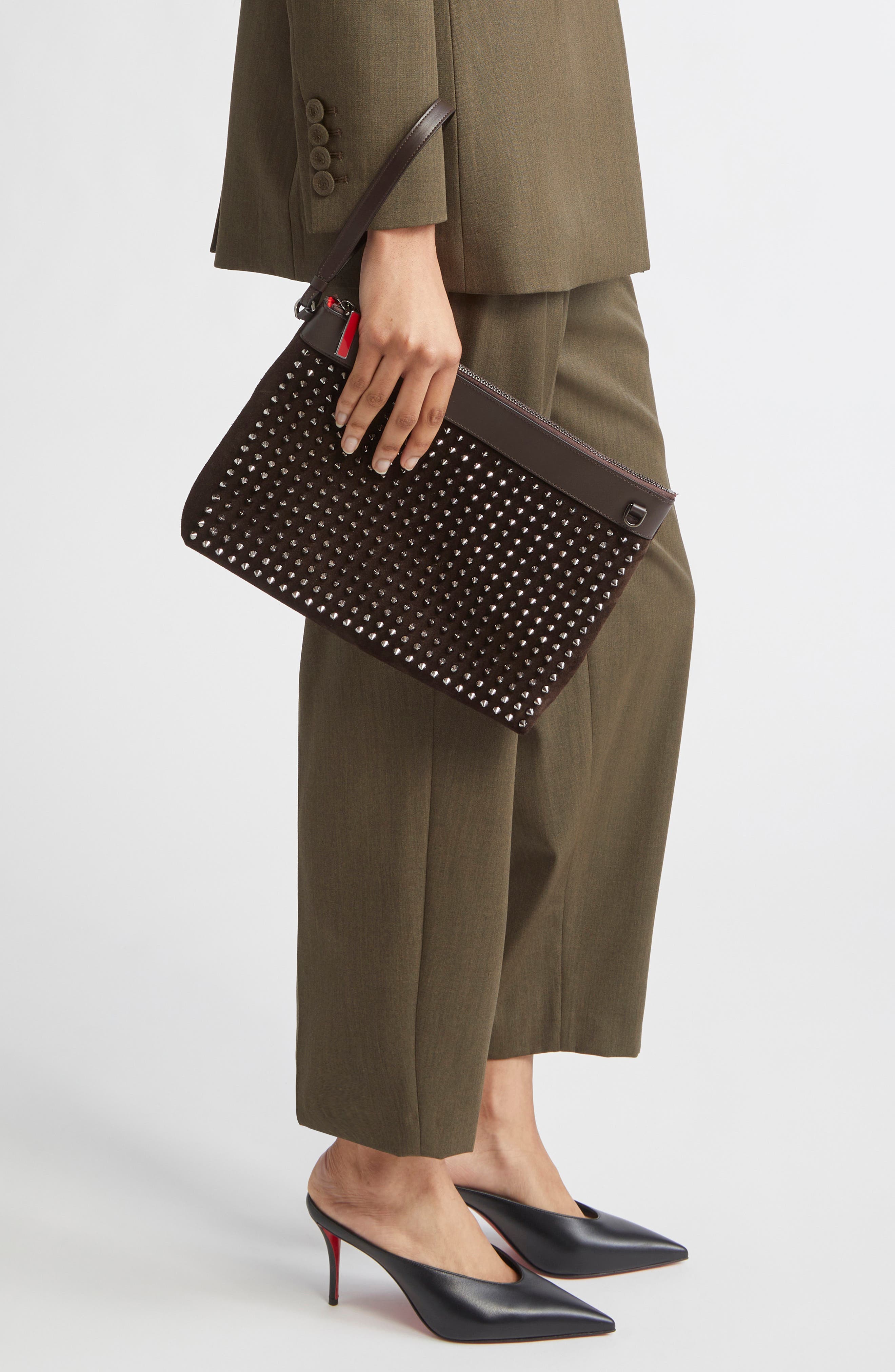 Christian Louboutin Funky Crosta Spikes Suede Wristlet Pouch, Alternate, color, Cafe/ Gun Metal