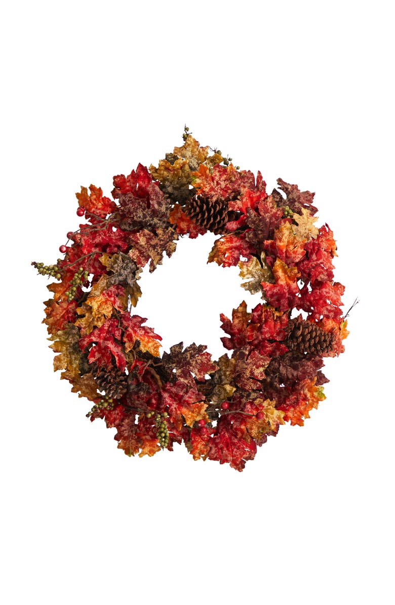 NEARLY NATURAL 24-in Autumn Maple, Berries and Pinecone Fall Artificial Wreath, Main, color, Orange