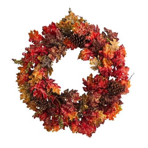 24-in Autumn Maple, Berries and Pinecone Fall Artificial Wreath
