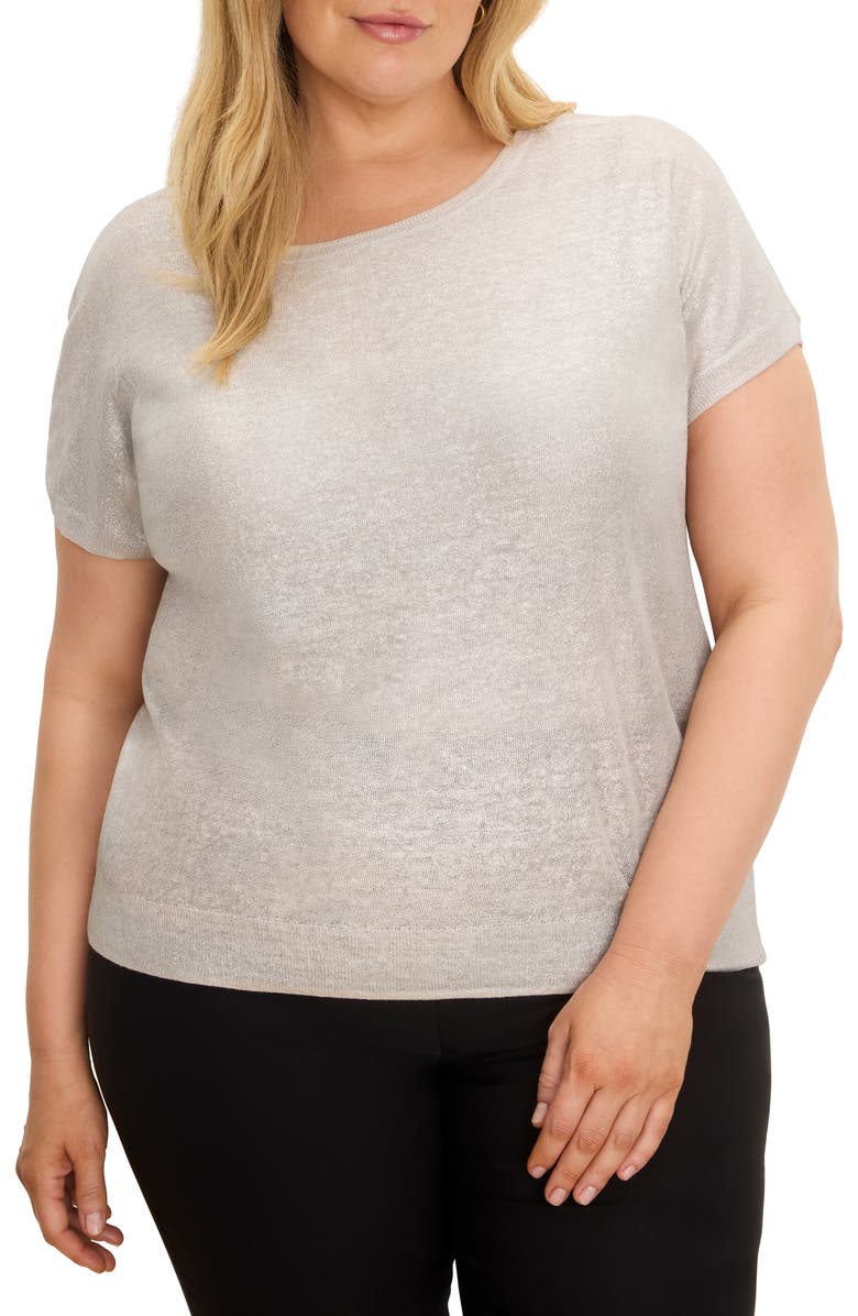 NIC+ZOE Glazed Feather Knit Short Sleeve Sweater, Main, color, Cobblestone