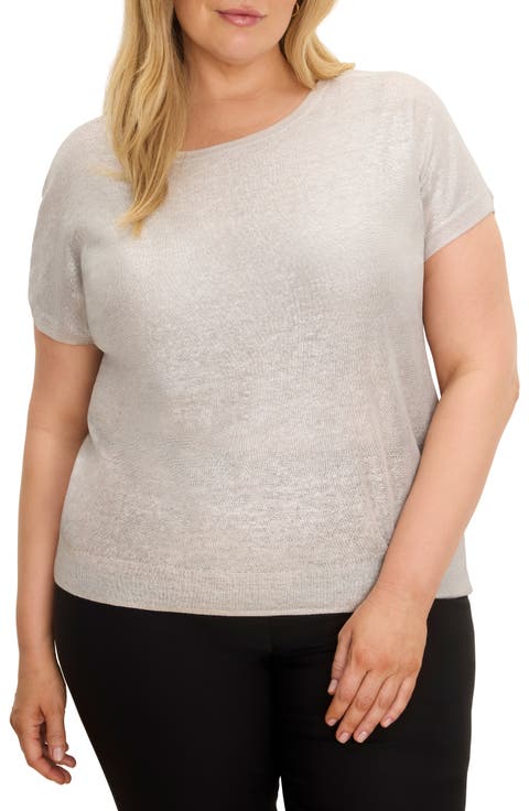 Glazed Feather Knit Short Sleeve Sweater (Plus)