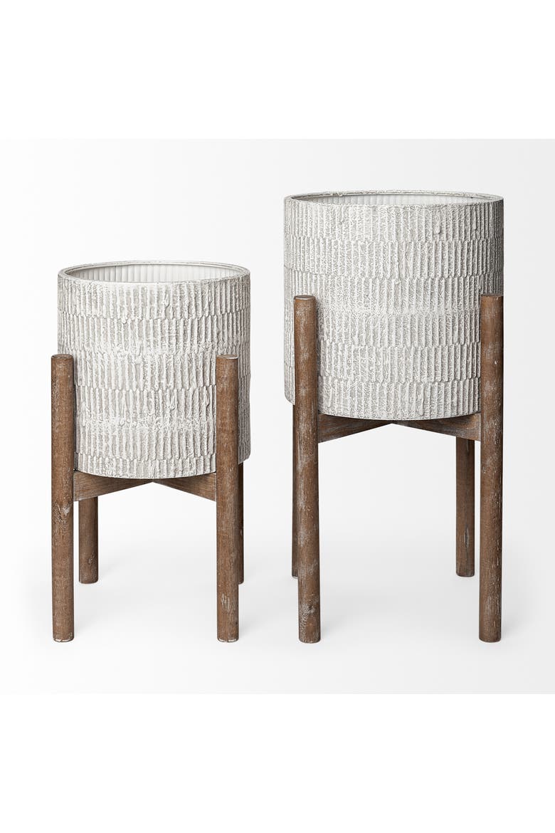 Groot Set of Two Ceramic Wooden Base Plant Stands, Alternate, color, Cream