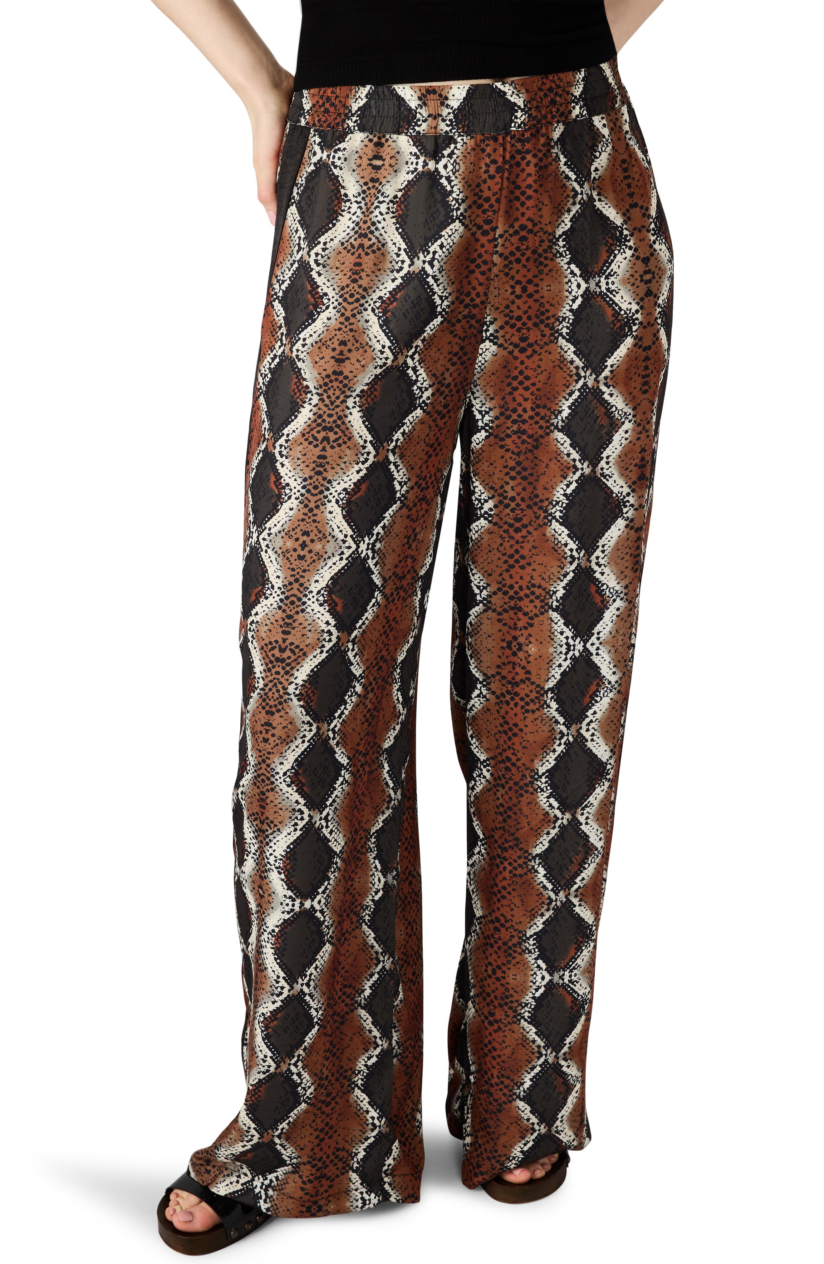Steve Madden Moxie Snakeskin Print Side Stripe Wide Leg Pants