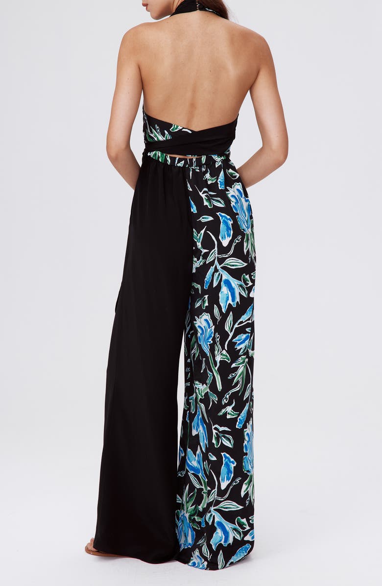DVF Cort Mixed Print Halter Jumpsuit, Alternate, color, Tulip Fields Blue Lg/Blk