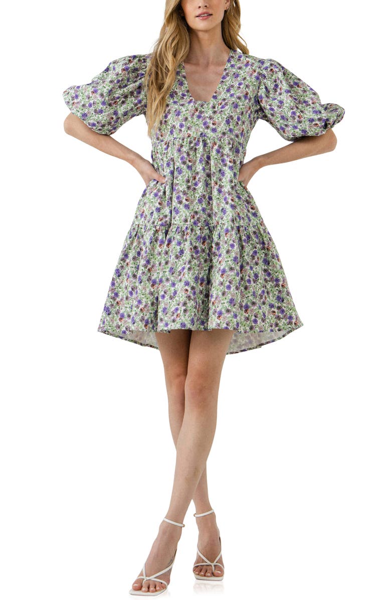 Endless Rose Floral Jacquard Puff Sleeve Dress, Main, color, 
