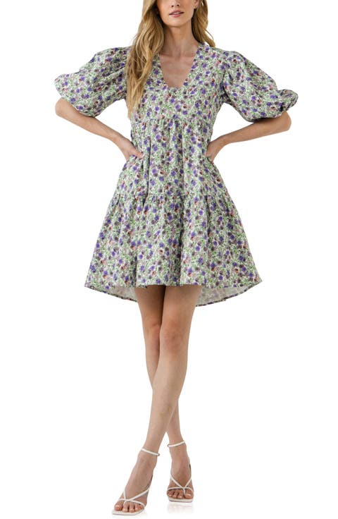Floral Jacquard Puff Sleeve Dress