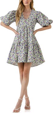 Endless Rose Floral Jacquard Puff Sleeve Dress
