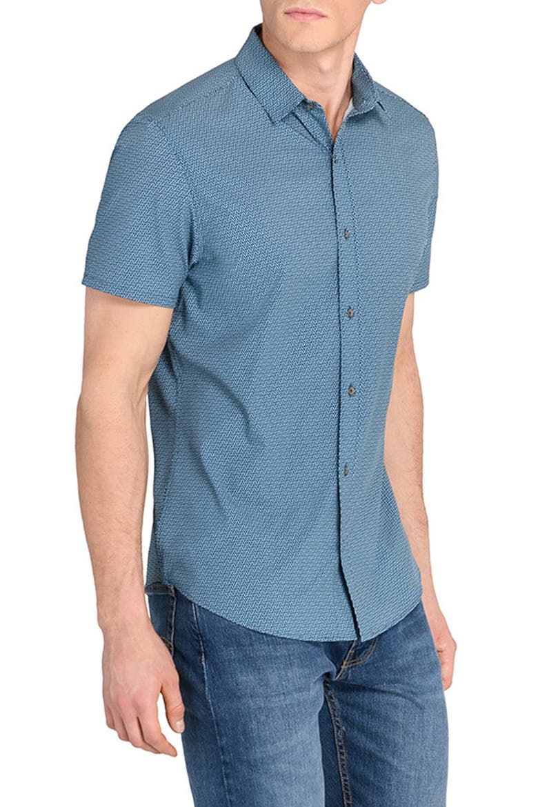 Trim Fit Hexagon Print Short Sleeve Performance Button-Up Shirt, Alternate, color, TEAL