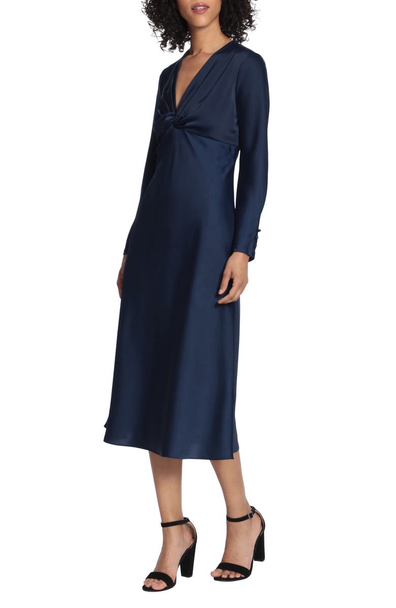 Maggy London Twist Neck Long Sleeve Midi Dress, Alternate, color, Twilight/ Navy