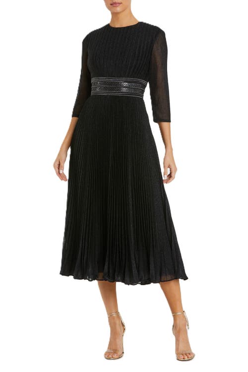 Mac Duggal Shimmering 3/4 Sleeve A-line Midi Dress In Black
