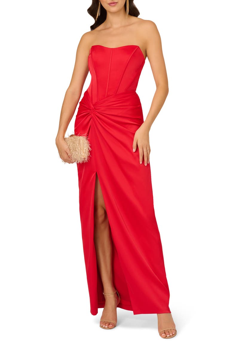 Strapless Stretch Satin Gown, Alternate, color, CHATEAU RED