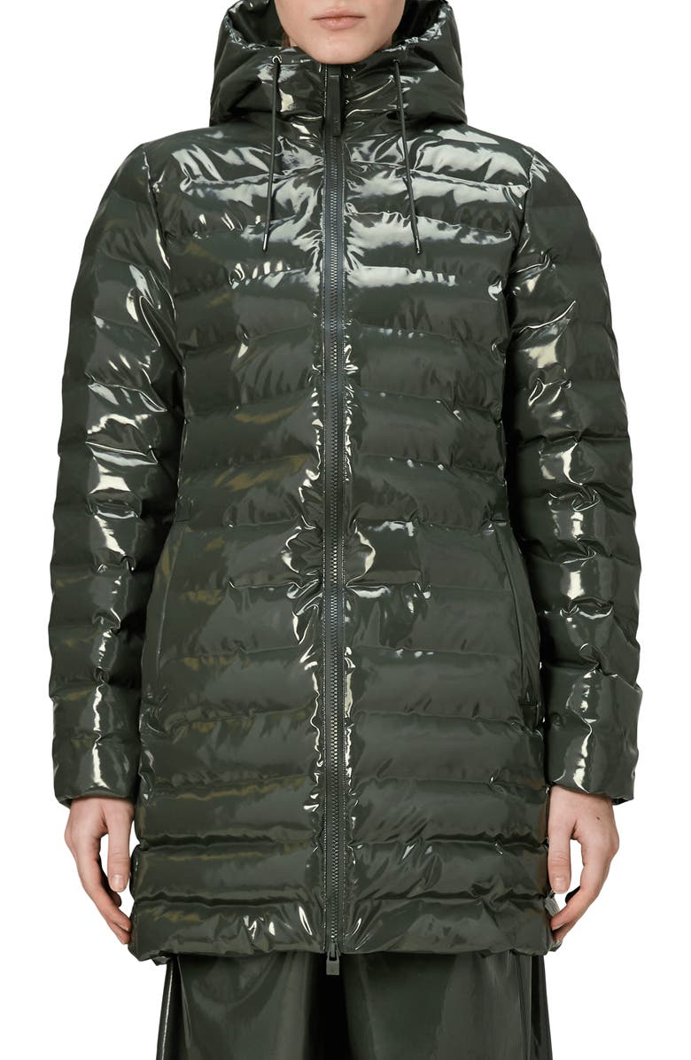 Rains Lohja Curve Waterproof Long Puffer Jacket, Main, color, Swamp