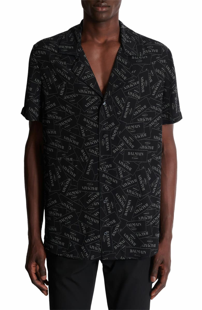 Balmain Pyjama Shirt With All-Over Balmain Label Print, Alternate, color, Black