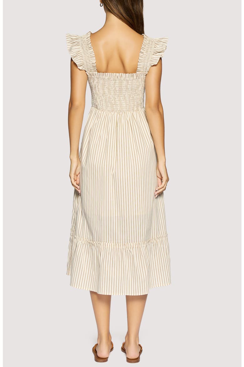 Lido Affair Stripe Smocked Tiered Midi Dress, Alternate, color, CREAM BROWN