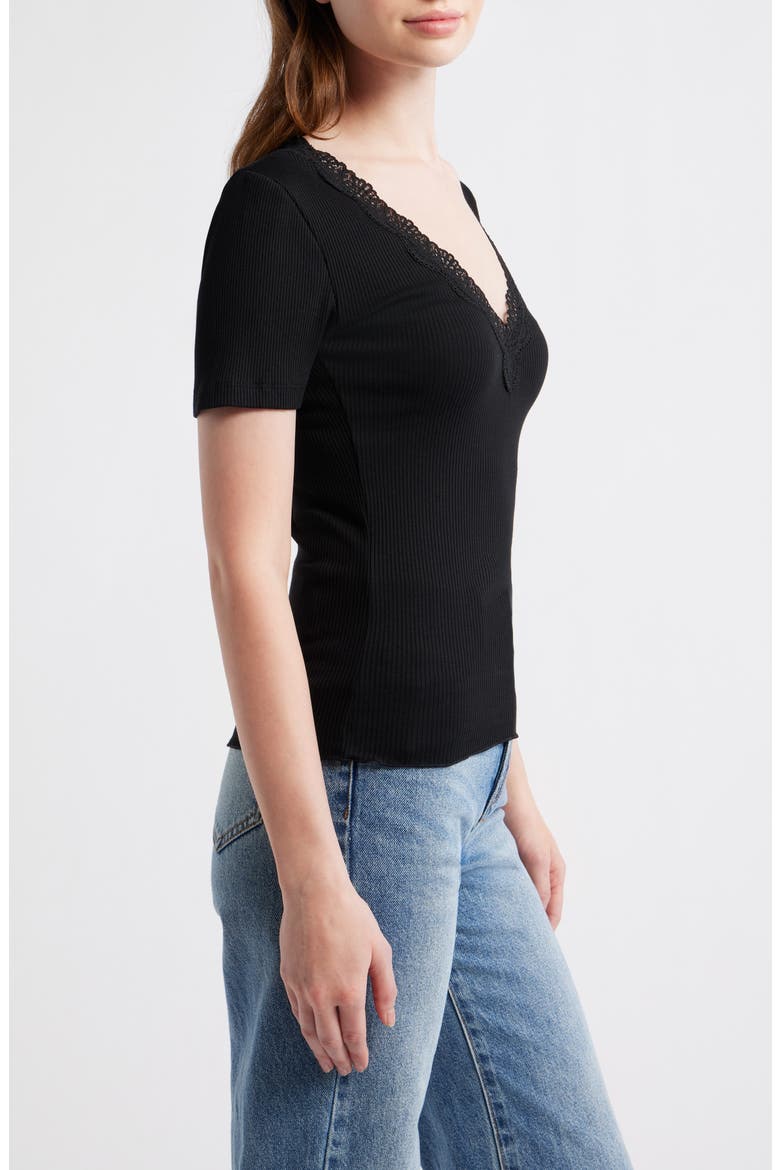 Lace Trim V-Neck Rib Top, Alternate, color, JET BLACK