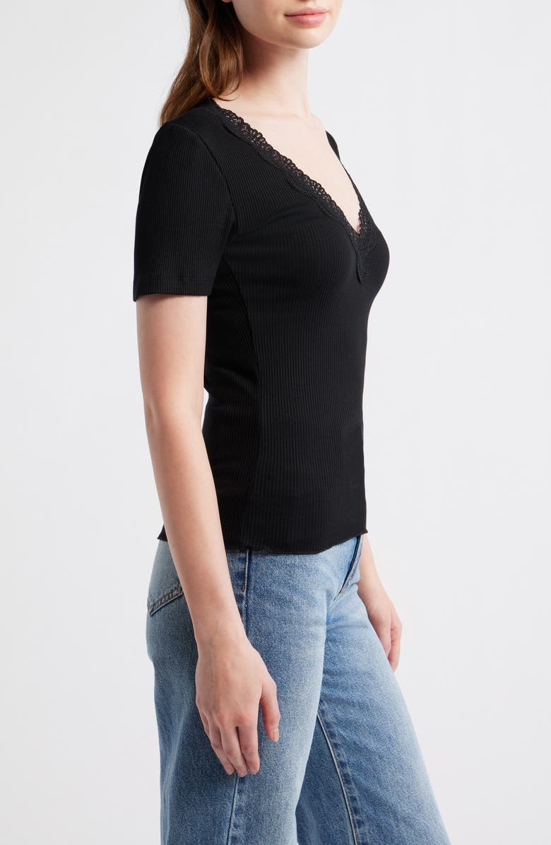 Madewell Lace Trim V-Neck Rib Top, Alternate, color, Jet Black