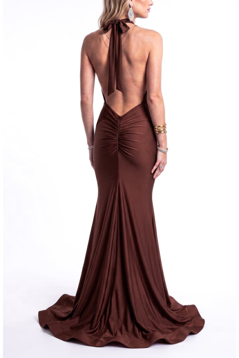 Plunging Halter Open-Back Mermaid Gown With Train, Alternate, color, Brown