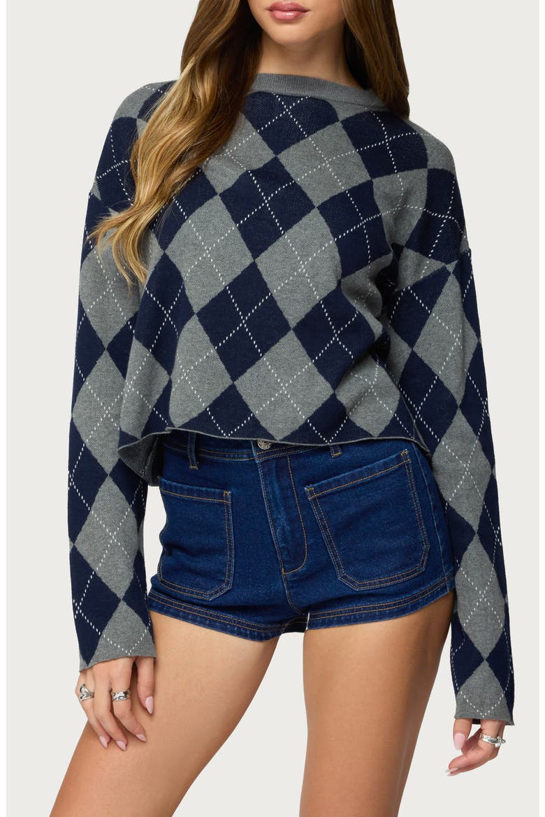 Prep Argyle Crop Cotton Sweater, Main, color, DARK-GRAY-MELANGE