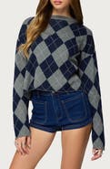 EDIKTED Prep Argyle Crop Cotton Sweater