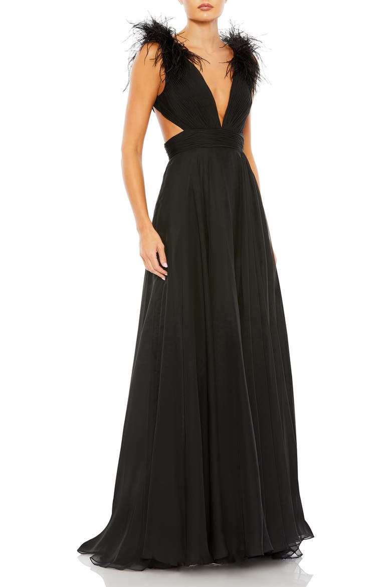 Feather-Trim Plunge A-Line Gown, Main, color, BLACK