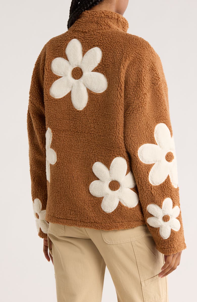 INTERNATIONAL DESIGNER Flower Appliqué Faux Shearling Zip Jacket, Alternate, color, Toffee