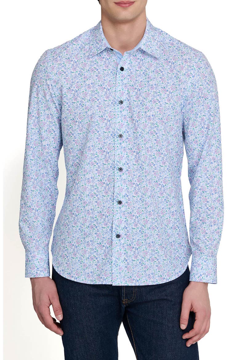 Slim Fit Budding Floral Performance Long Sleeve Shirt, Main, color, BLUE PURPLE