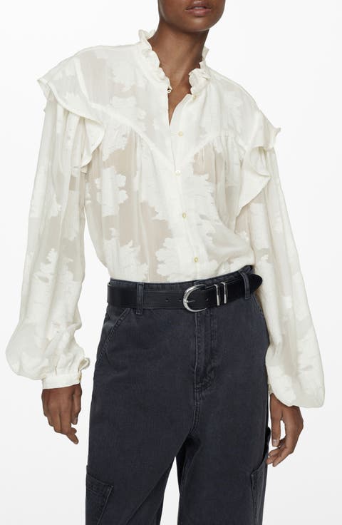 Floral Embroidered Semisheer Button-Up Shirt