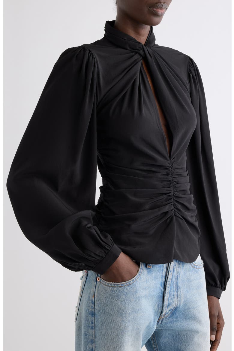 Depsona Twisted Mock Neck Silk Top, Alternate, color, BLACK