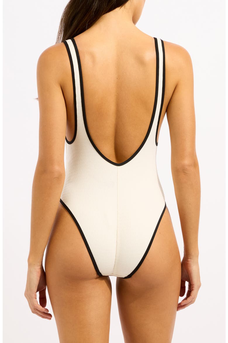 Retro Contrast Trim One-Piece Swimsuit, Alternate, color, ECRU